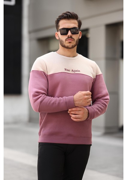 Bej Gül Kurusu Mürdüm Üç Renk Blok Parçalı Sıfır Yaka Üç iplik Regular Fit Sweatshirt- 2436