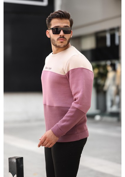 Bej Gül Kurusu Mürdüm Üç Renk Blok Parçalı Sıfır Yaka Üç iplik Regular Fit Sweatshirt- 2436