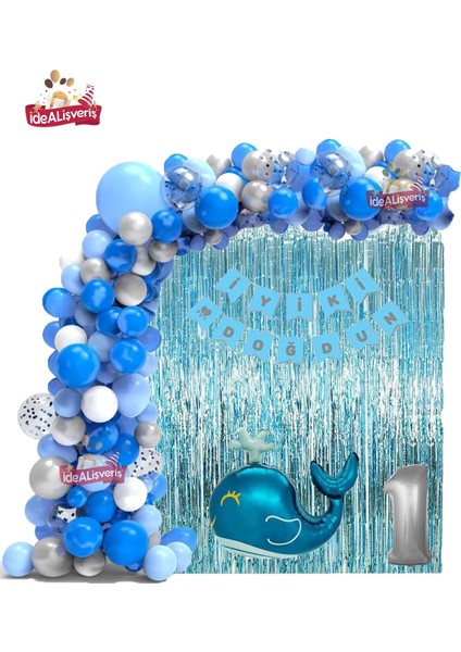 Mavi Balina 1 Yaş Folyo Balonlu Mavi Gümüş Beyaz Doğum Günü Parti Seti