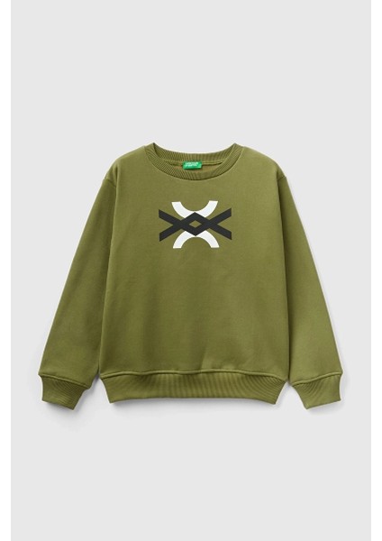 Erkek Çocuk Slogan Baskılı Sweatshirt - Haki