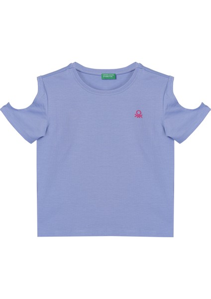 Kız Çocuk Kol Yırtmaçlı T-Shirt - Mavi