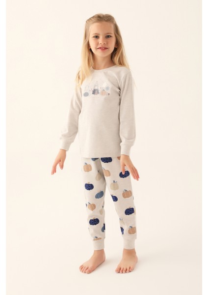 Balkabağı Bej Melanj Kız Çocuk Pijama Takımı