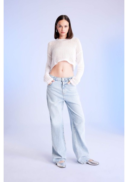 Regular Fit Bisiklet Yaka Kroşe Ajurlu Delikli Crop Triko Kazak T4513AZ24AU