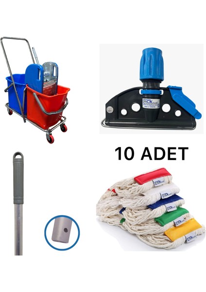 Çift Kovalı Paspas Arabası Krom Gövdeli Çelik Presli Temizlik Arabasıseti Islak Mop Seti 10 Adet