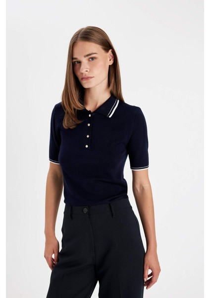 Regular Fit Polo Yaka Düğmeli Basic Düz Kısa Kollu Triko Kazak D3300AX24AU indirimleri