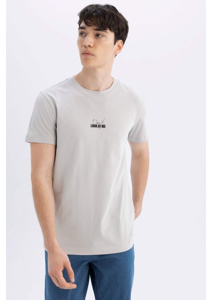 Slim Fit Dar Kesim Bisiklet Yaka Baskılı Kısa Kollu Tişört C5647AX24HS