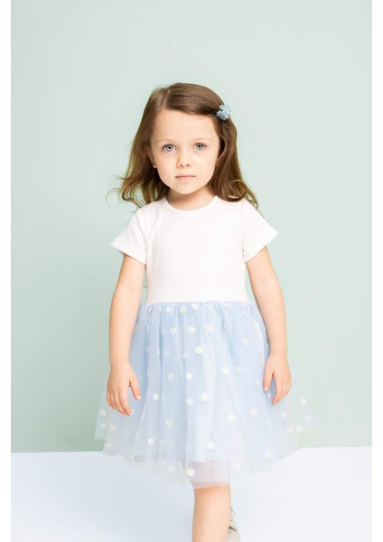Kız Bebek Çiçekli Fitilli Kaşkorse Kısa Kollu Tütü Elbise C5985A524SM