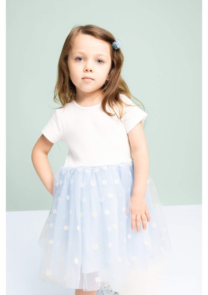 Kız Bebek Çiçekli Fitilli Kaşkorse Kısa Kollu Tütü Elbise C5985A524SM