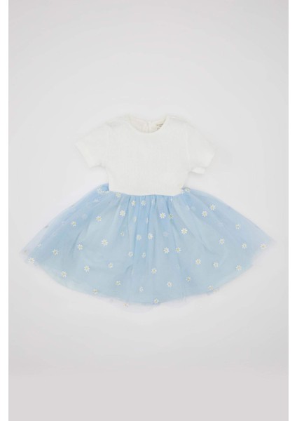 Kız Bebek Çiçekli Fitilli Kaşkorse Kısa Kollu Tütü Elbise C5985A524SM