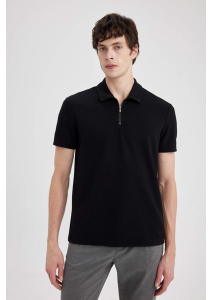 Regular Fit Yarım Fermuarlı Kısa Kollu Pilise Siyah Polo Tişört B7355AX24SP
