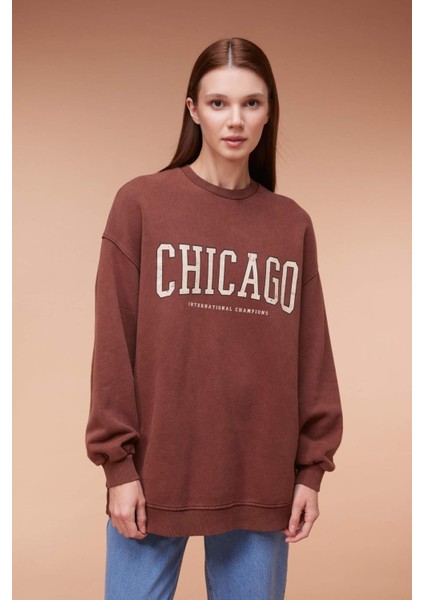 Bisiklet Yaka Baskılı İçi Yumuşak Tüylü Sweatshirt Tunik B5053AX23WN