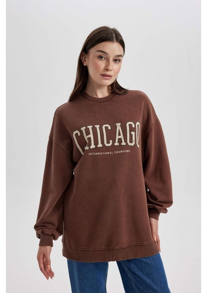 Bisiklet Yaka Baskılı İçi Yumuşak Tüylü Sweatshirt Tunik B5053AX23WN fırsatları