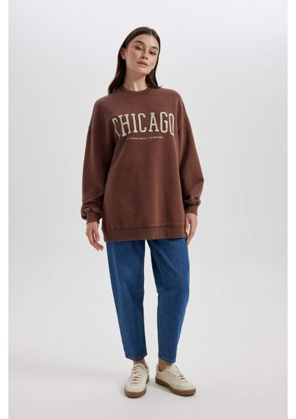 Bisiklet Yaka Baskılı İçi Yumuşak Tüylü Sweatshirt Tunik B5053AX23WN indirimleri