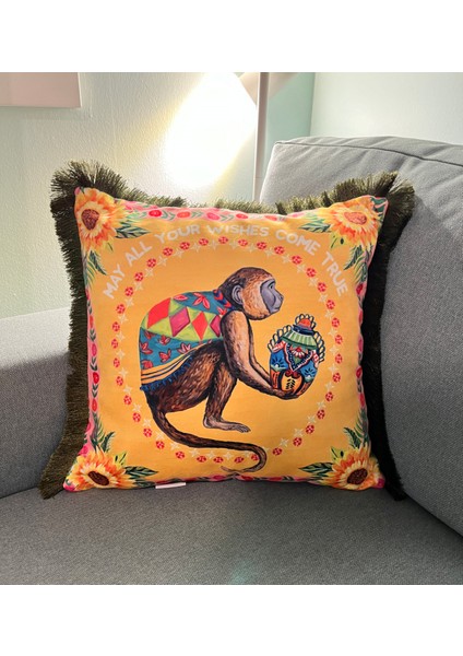 Dekoratif Çin Stili Maymun Desenli Dijital Baskılı Kadife Kırlent Kılıfı Saçaklı