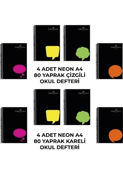 Spiralli Plastik Kapak Neon 80 Yaprak 8'li Defter Seti (4 Adet Çizgili - 4 Adet Kareli)