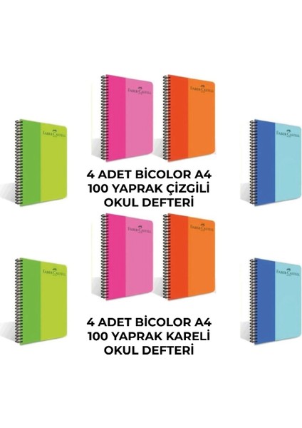 Spiralli Plastik Kapak Bicolor 100 Yaprak 8'li Defter Seti (4 Adet Çizgili - 4 Adet Kareli)