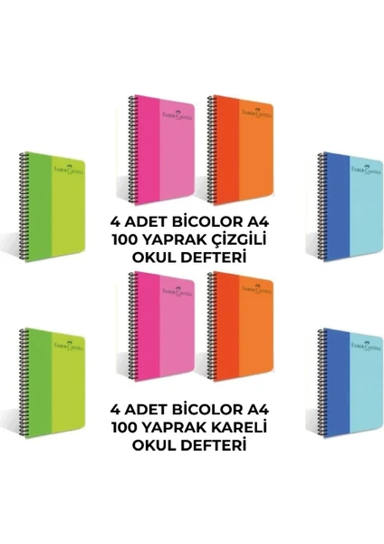 Spiralli Plastik Kapak Bicolor 100 Yaprak 8'li Defter Seti (4 Adet Çizgili - 4 Adet Kareli)