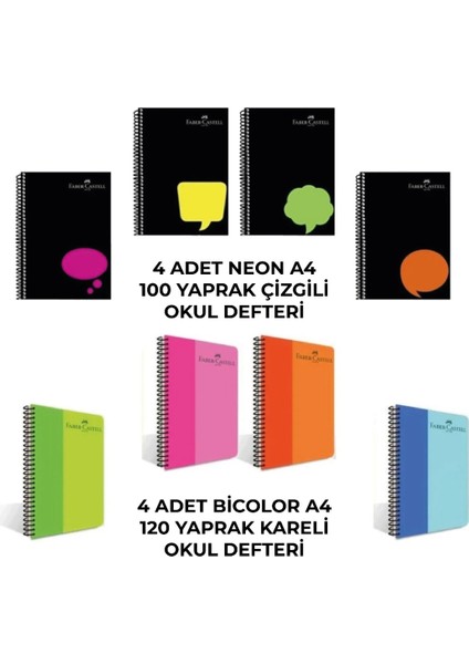 Spiralli Plastik Kapak NEON(100 YP)-BICOLOR(120 Yp) 8'li Defter Seti (4 Adet Çizgili - 4 Adet Kareli)