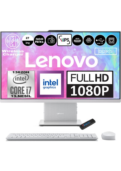 Ideacentre Aıo 27IRH9 Intel Core I7-13620H Ddr5 64GB 1tb SSD Intel UHD Graphics 27 Inc Fhd IPS Windows 11 Pro Bulut Grisi All In One Bilgisayar F0HM0048TRP15 + Zetta Flash Bellek