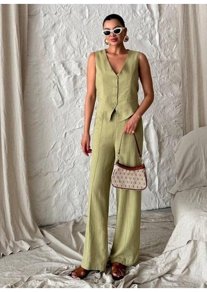 Haki %100 Pamuk Lavin Keten Yelek Pantolon Takım