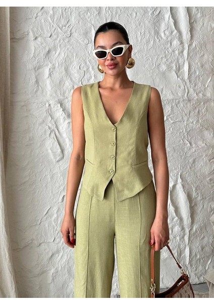 Haki %100 Pamuk Lavin Keten Yelek Pantolon Takım fiyatları