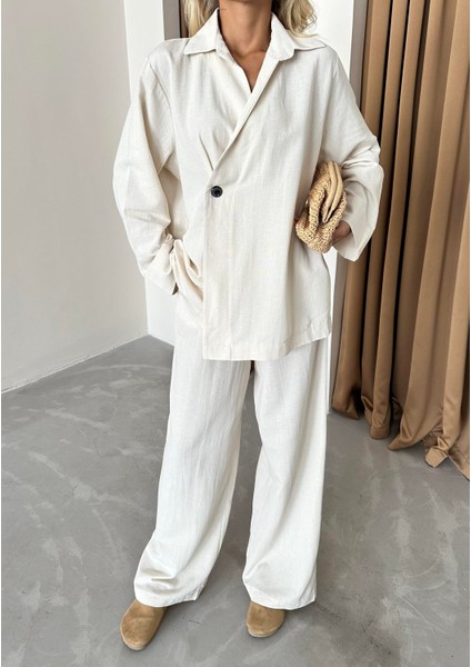 Natural %100 Pamuk Kruvaze Kapama Tek Düğmeli Kimono Pantolon Takım