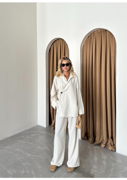 Natural %100 Pamuk Kruvaze Kapama Tek Düğmeli Kimono Pantolon Takım