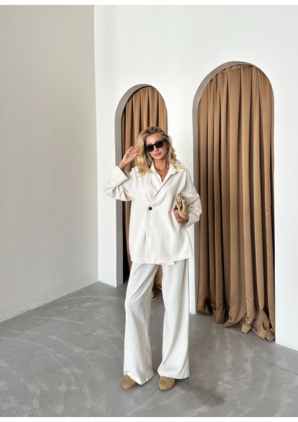 Natural %100 Pamuk Kruvaze Kapama Tek Düğmeli Kimono Pantolon Takım