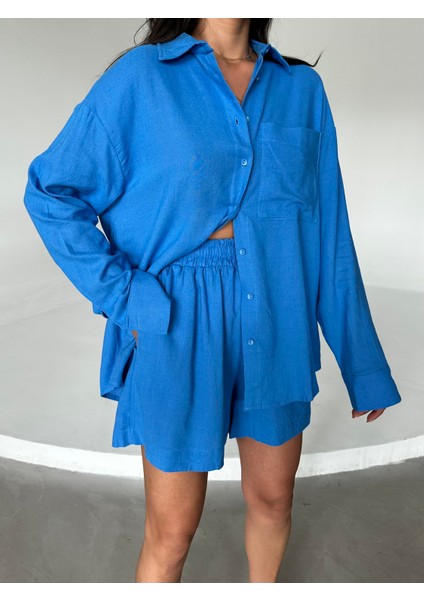 Mavi Summer Keten Oversize Gömlek Şort Takım