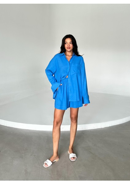 Mavi Summer Keten Oversize Gömlek Şort Takım