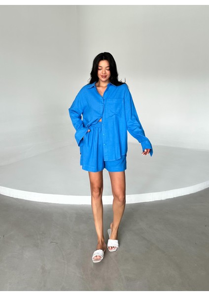 Mavi Summer Keten Oversize Gömlek Şort Takım