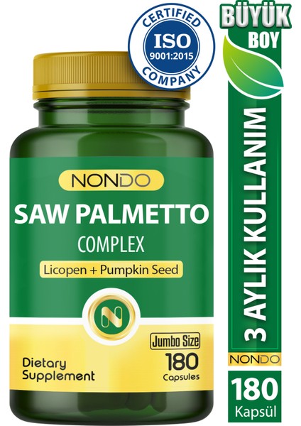 Saw Palmetto Complex 180 Kapsül (Jumbo Boy 3 Aylık Kullanım , Cüce Palmiye,likopen,çinko,yeşil Çay)