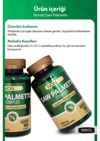 Saw Palmetto Complex 180 Kapsül (Jumbo Boy 3 Aylık Kullanım , Cüce Palmiye,likopen,çinko,yeşil Çay)