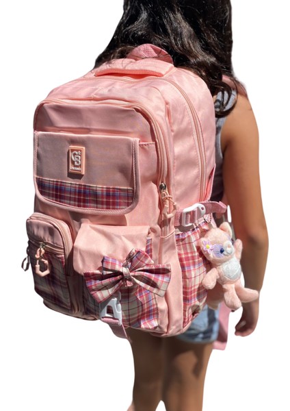 Kız Çocuk Ilköğretim Çantası Ultra Hafif Ilkokul / Ortaokul Okul Çantası Pembe- Pudra Ekose Cep modelleri