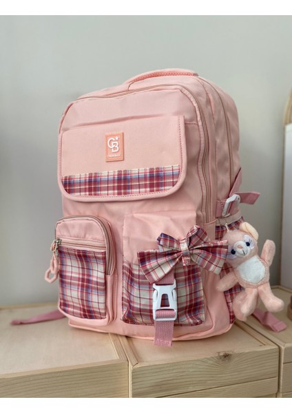 Kız Çocuk Ilköğretim Çantası Ultra Hafif Ilkokul / Ortaokul Okul Çantası Pembe- Pudra Ekose Cep fırsatları