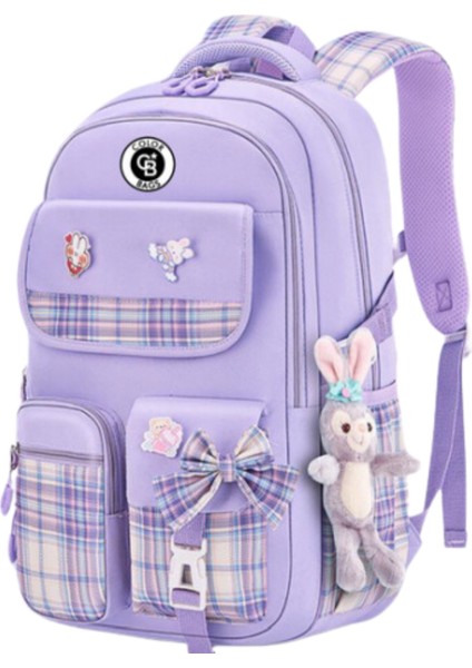 Kız Çocuk Ilköğretim Çantası Ultra Hafif Ilkokul / Ortaokul Okul Çantası Lila Ekose Cep