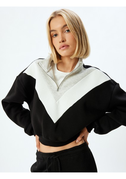 Crop Sweatshirt Yarım Fermuarlı Renk Bloklu Dik Yaka Üç Iplik Şardonlu