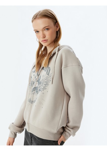 Oversize Fermuarlı Sweatshirt Kapüşonlu Cep Detaylı Baskılı