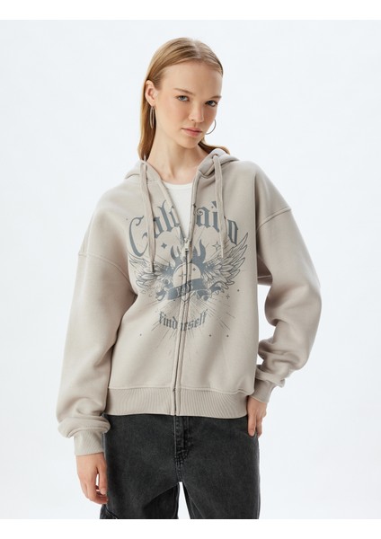 Oversize Fermuarlı Sweatshirt Kapüşonlu Cep Detaylı Baskılı