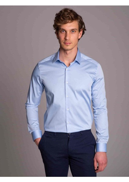 Mavi Düz Erkek Gömlek - Ekstra Slim Fit-DU1999011017A