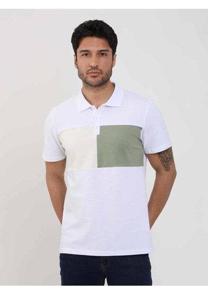 Beyaz Erkek Slim Fit Desenli Polo Yaka T-shirt