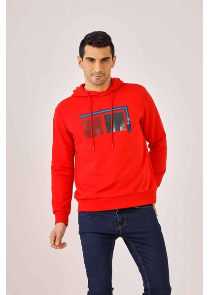 Kırmızı Erkek Regular Fit Kapüşonlu Sweatshirt