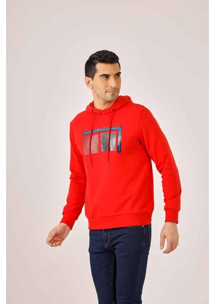 Kırmızı Erkek Regular Fit Kapüşonlu Sweatshirt