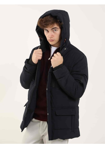 Lacivert Erkek Regular Fit Düz Kapüşonlu Mont - 96984 modelleri