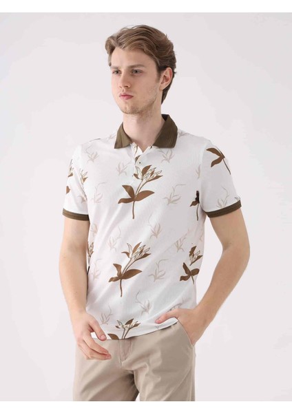 Kahverengi Erkek Slim Fit Çiçek Desenli Casual Polo Yaka T-shirt