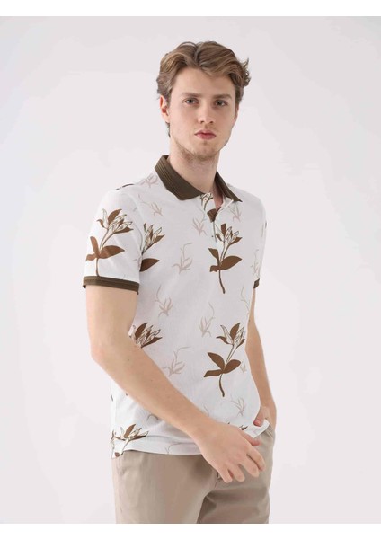 Kahverengi Erkek Slim Fit Çiçek Desenli Casual Polo Yaka T-shirt fiyatları