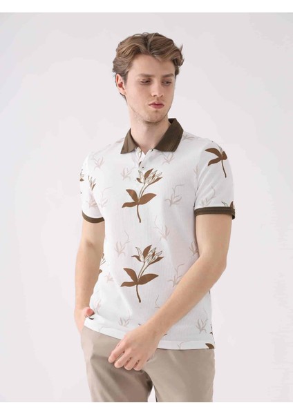 Kahverengi Erkek Slim Fit Çiçek Desenli Casual Polo Yaka T-shirt modelleri