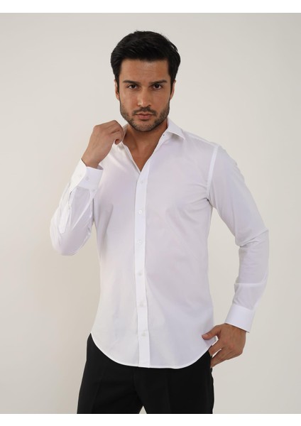Beyaz Erkek Slim Fit Klasik Yaka Uzun Kol Gömlek