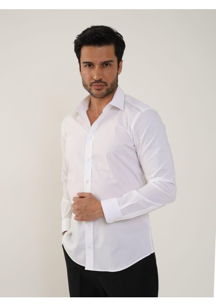 Beyaz Erkek Slim Fit Klasik Yaka Uzun Kol Gömlek fiyatları