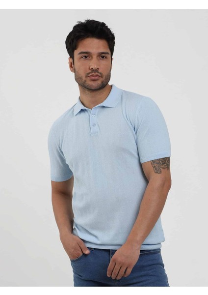 Buz Mavisi Erkek Slim Fit Balıksırtı Desenli Polo Yaka Kazak - 104566